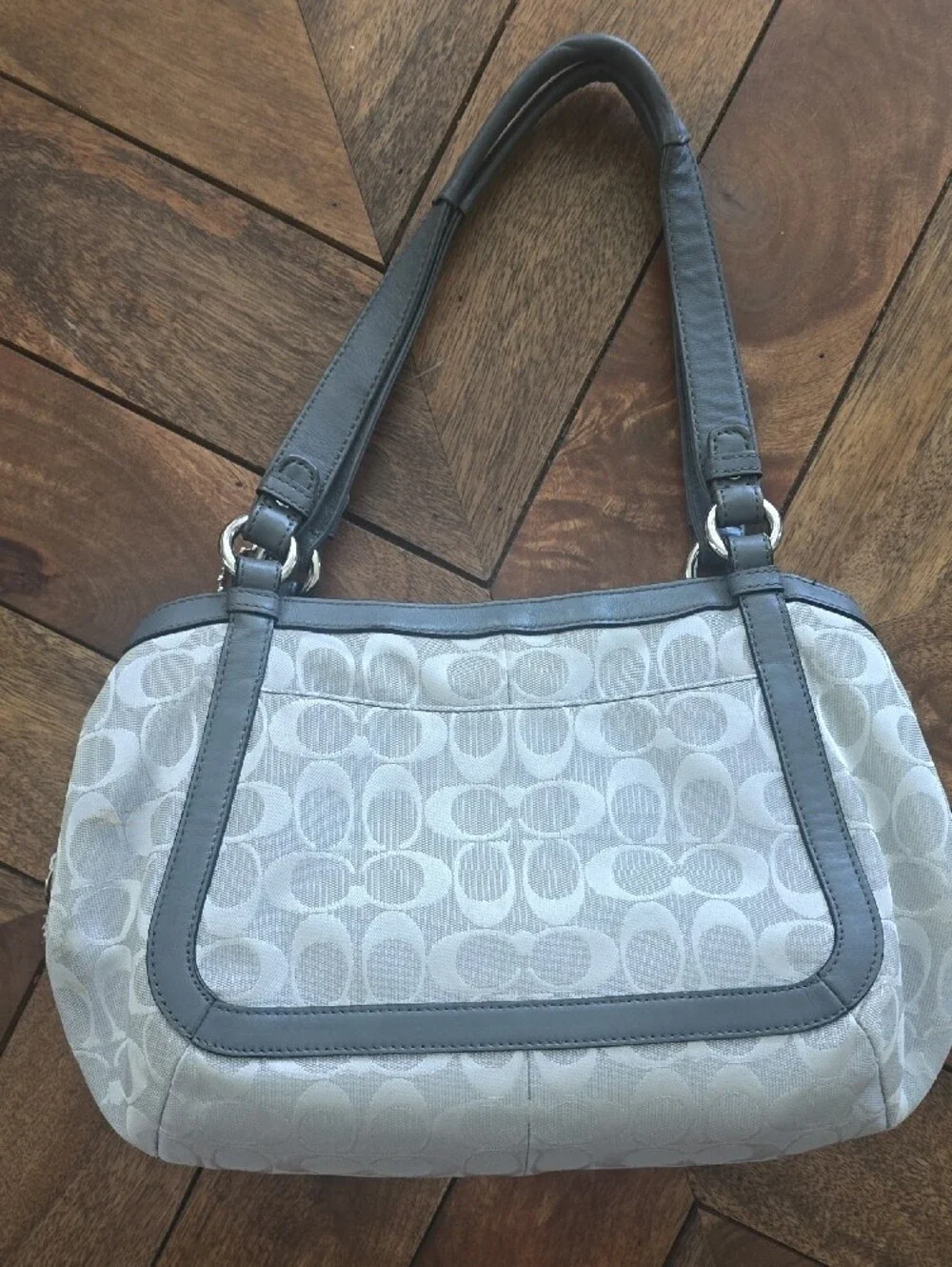 Coach Light Gray Signature Canvas Shoulder Bag with Gray Trim